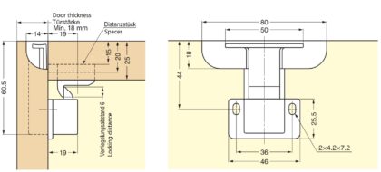 Versteckter Druckknopfriegel-Griff AK-60WT und AK-C60WT von Sugatsune, weiß. Technische Zeichnung